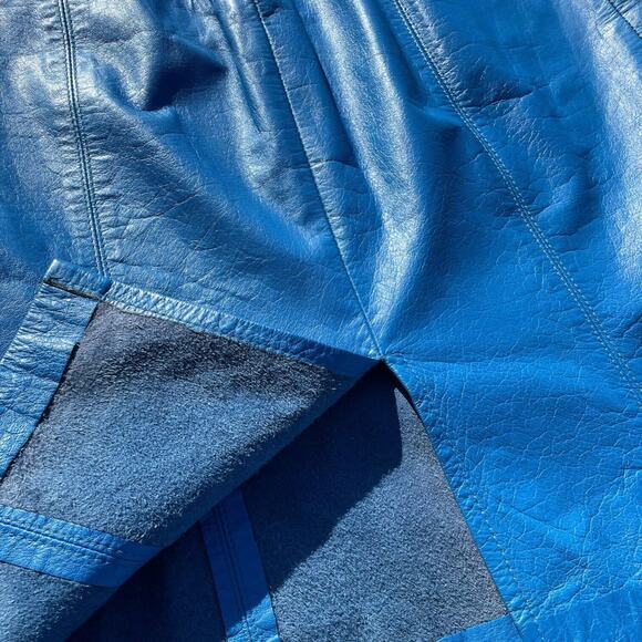 Vintage 80s Ambria Blue Leather Fitted Sleeveless High Neck‎ Dress Size 10 - Picture 8 of 13